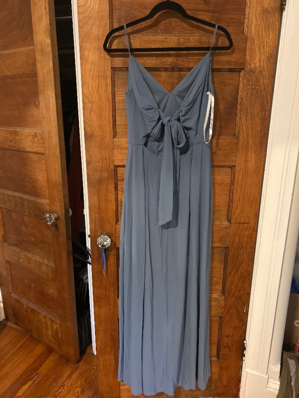 Steel Blue David’s bridal open back bridesmaids dress
